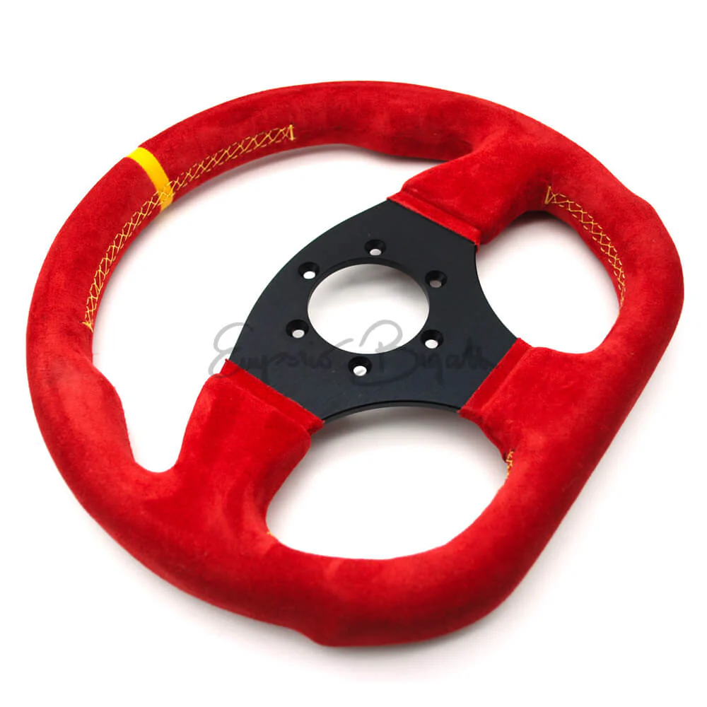 Volante sportivo in pelle scamosciata rossa con cucitura incrociata gialla e riga gialla, razze nere 300mm  con pulsante clacson - Image 3