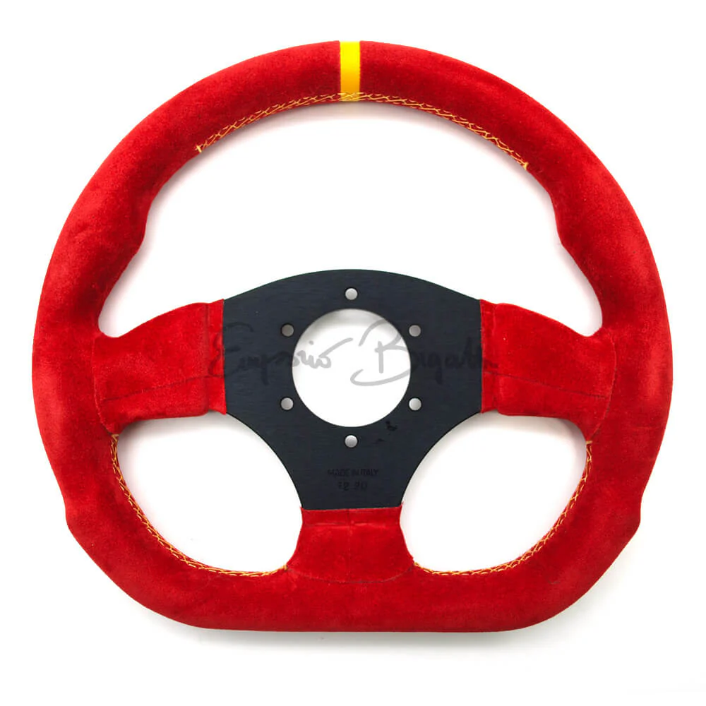 Volante sportivo in pelle scamosciata rossa con cucitura incrociata gialla e riga gialla, razze nere 300mm  con pulsante clacson - Image 4