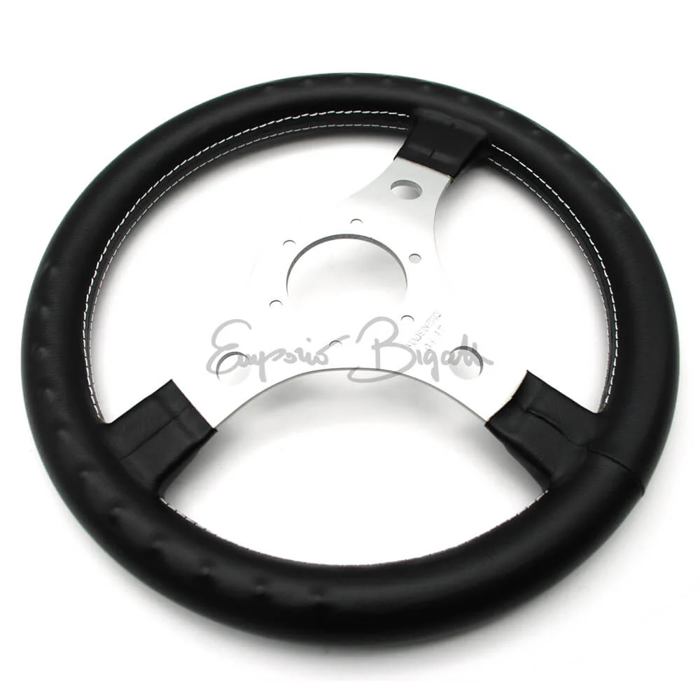Volante sportivo racing argento skay nero cucitura parallela bianca diametro 320mm con pulsante clacson - Image 4