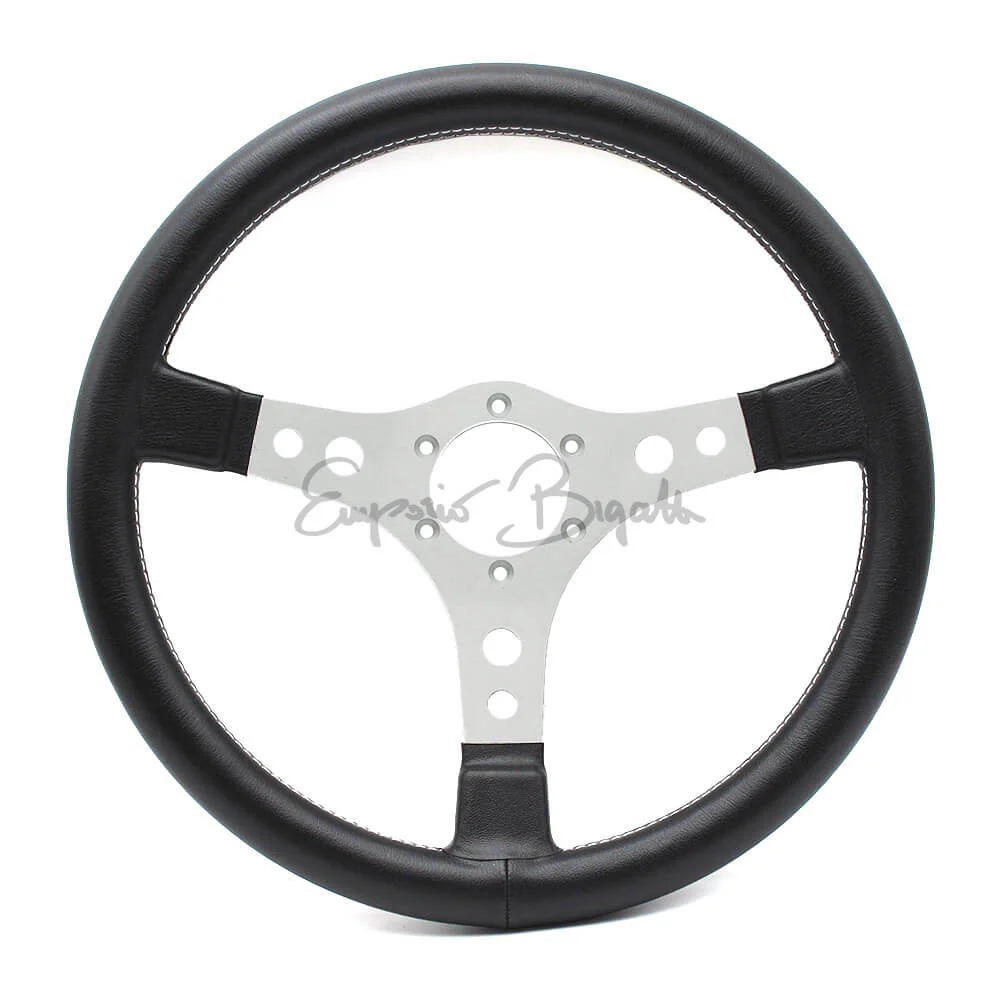 Volante sportivo racing argento skay nero cucitura parallela bianca diametro 350mm con pulsante clacson - Image 3