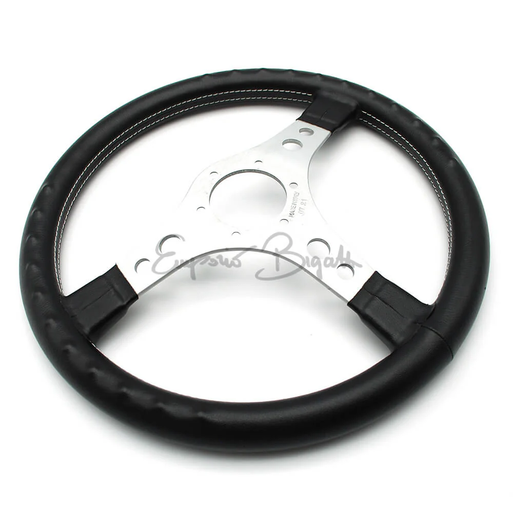 Volante sportivo racing argento skay nero cucitura parallela bianca diametro 350mm con pulsante clacson - Image 4